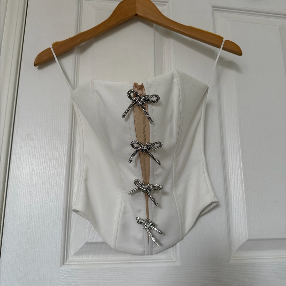 White Corset Top with Silver Bow Accents